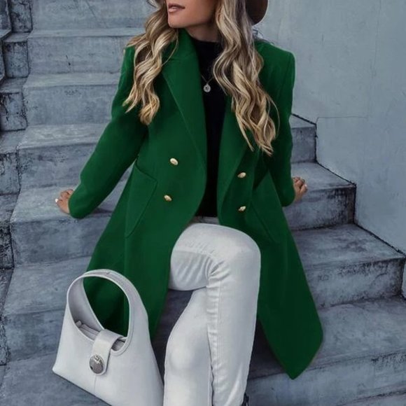 . Jackets & Blazers - Double Breasted Lapel Collar Button Up pocketed Overcoat GREEN